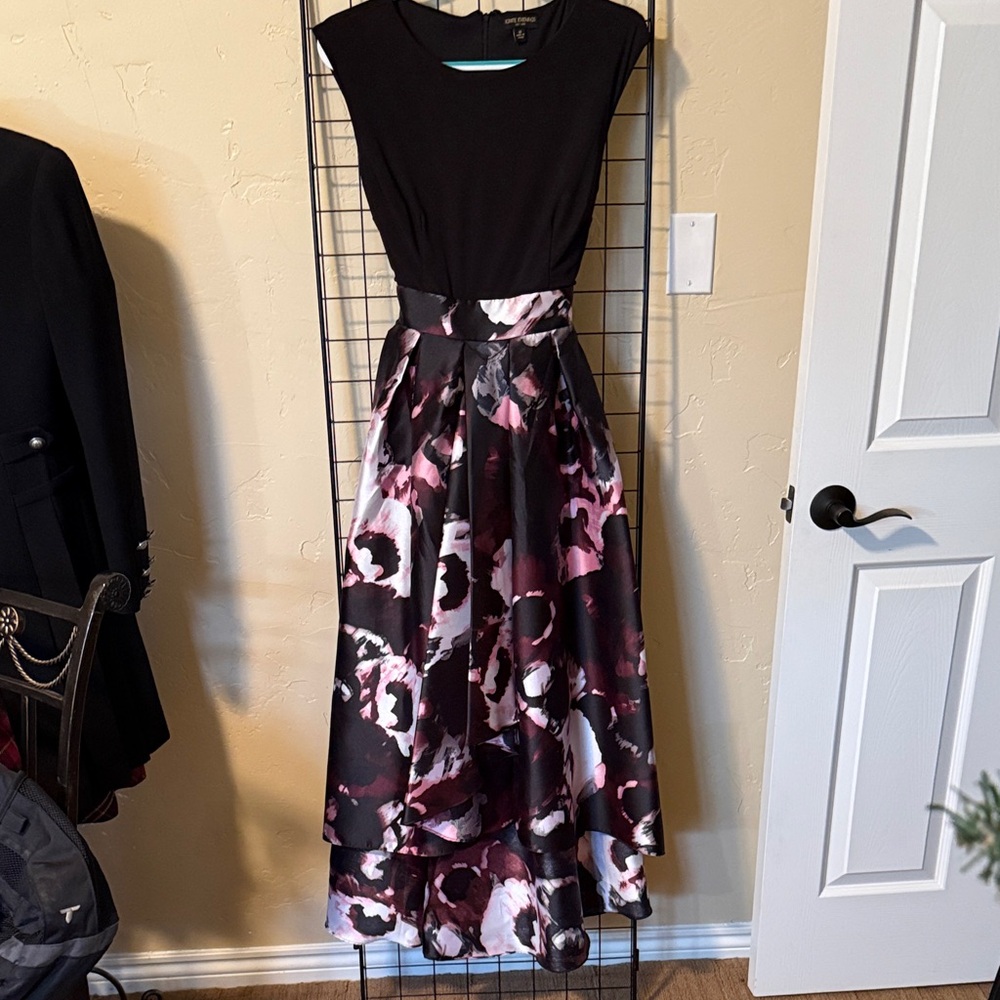 Elegant Black and Pink Floral High Low Gown